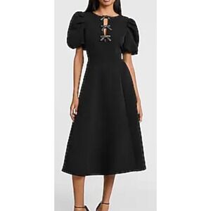 Express Black Puff Sleeve Rhinestone Bow Keyhole Midi Dress Small NWT